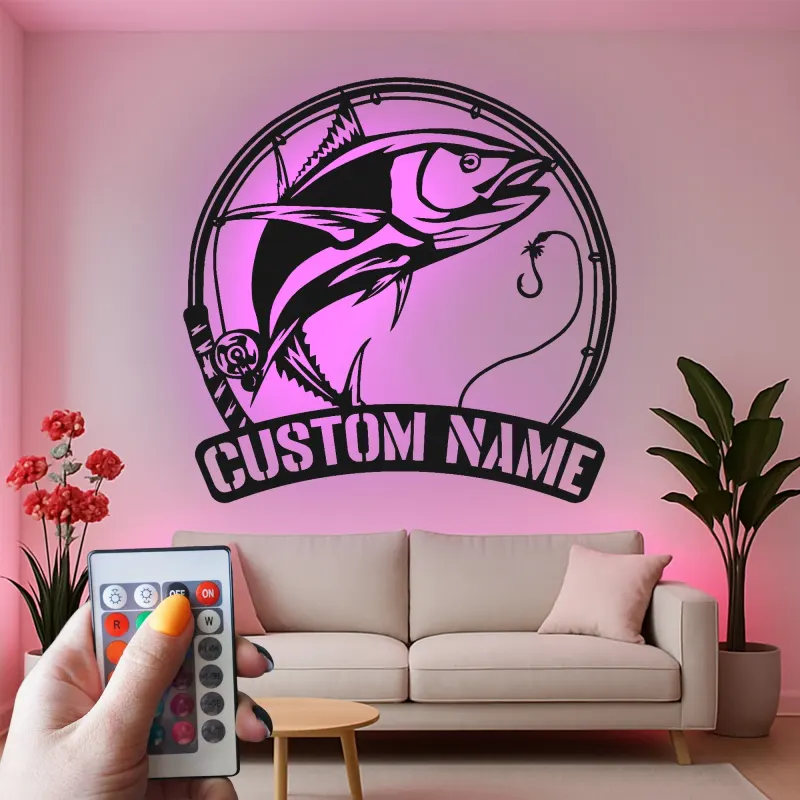 Insegna LED da pesca personalizzata | Insegna in metallo personalizzata | Decorazione con nome del pescatore per casa al lago e baita, idea regalo