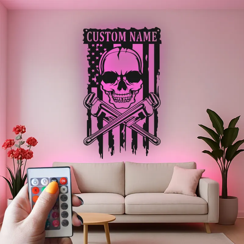 Panneau LED Crâne de Plombier | Décoration Murale Patriotique Personnalisée avec Drapeau USA | Décor de Garage avec Nom Personnalisé pour Hommes