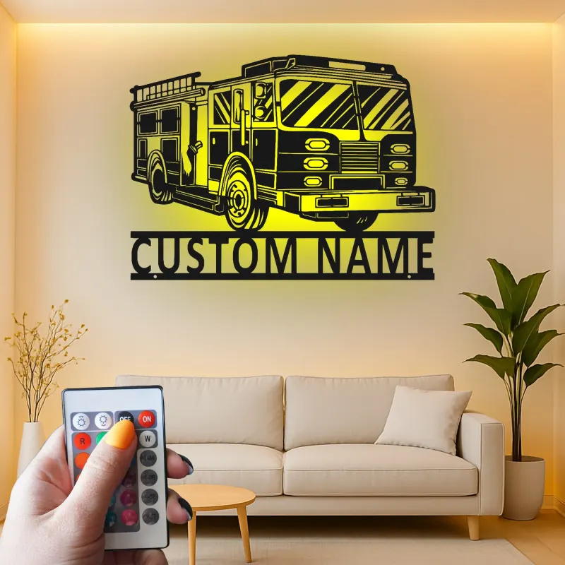 Cartel de metal de camión de bomberos personalizado | Arte mural LED personalizado para regalo de bombero | Decoración de estación de bomberos y man cave