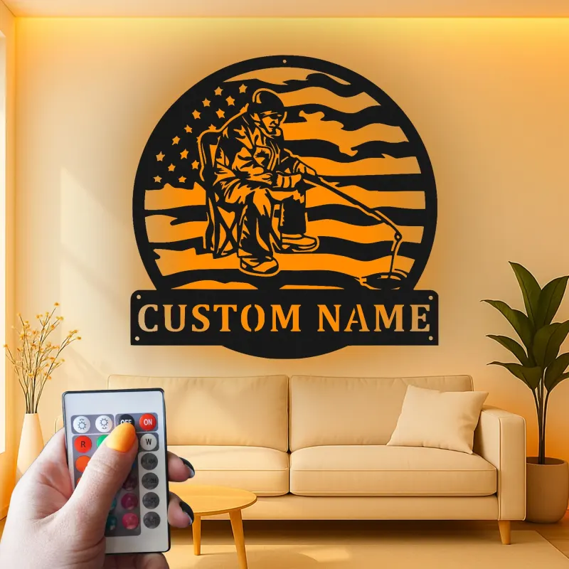 Décoration murale LED en métal pour pêche sur glace | Plaque personnalisée drapeau américain | Cadeau prénom personnalisé pour chalet ou maison au bord du lac