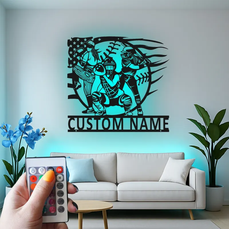 Insegna in Metallo per Giocatori di Softball Personalizzata | Arte da Parete LED con Nome Personalizzato | Regalo per Squadra di Softball | Decorazioni per Camera delle Ragazze & Ricevitore, Lanciatore, Battitore