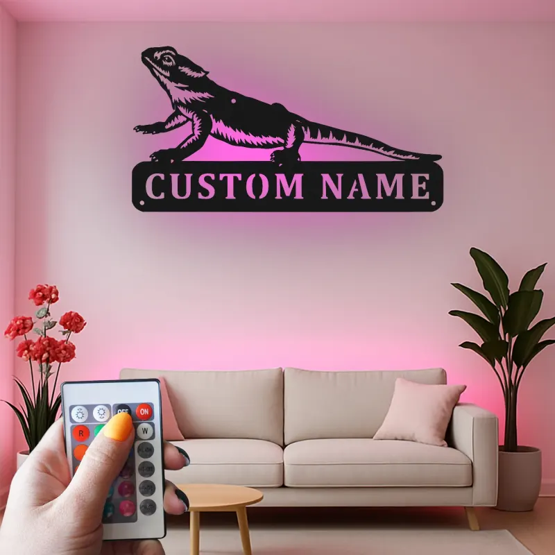 Personalisierte Metalltafel für Bartagame | LED-beleuchtete Reptil-Wandkunst | Individuelles Haustier-Schild | Einzigartiges Geschenk für Echsenliebhaber