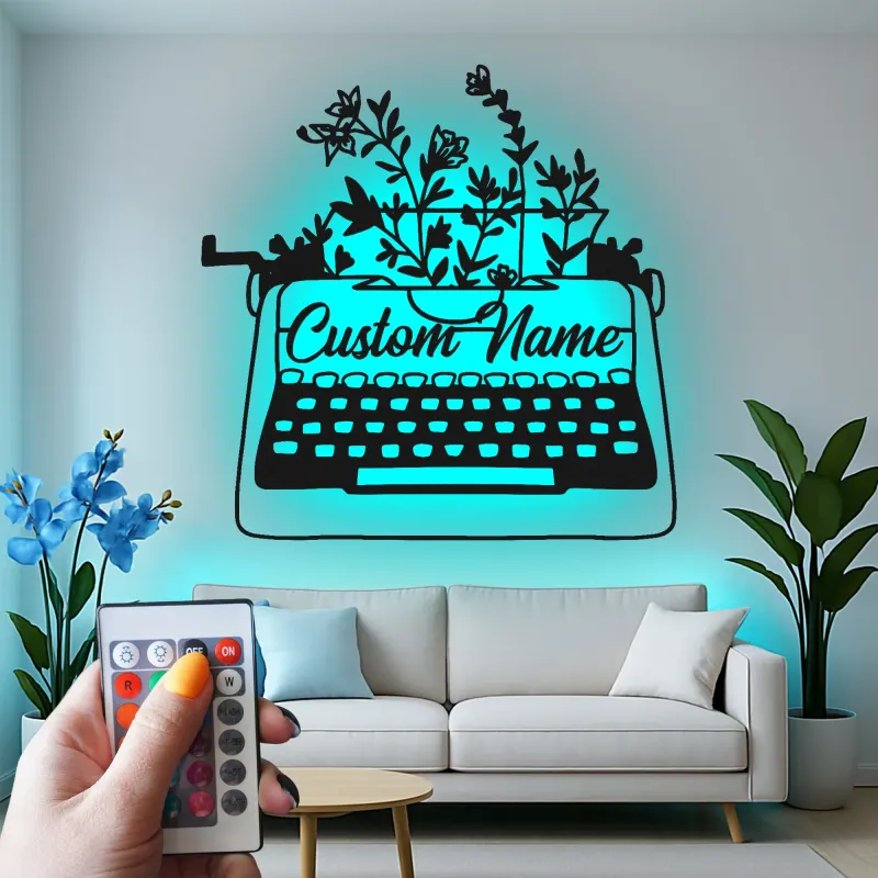 Décoration murale en métal personnalisée avec LED en forme de machine à écrire et fleurs - Cadeau pour écrivain