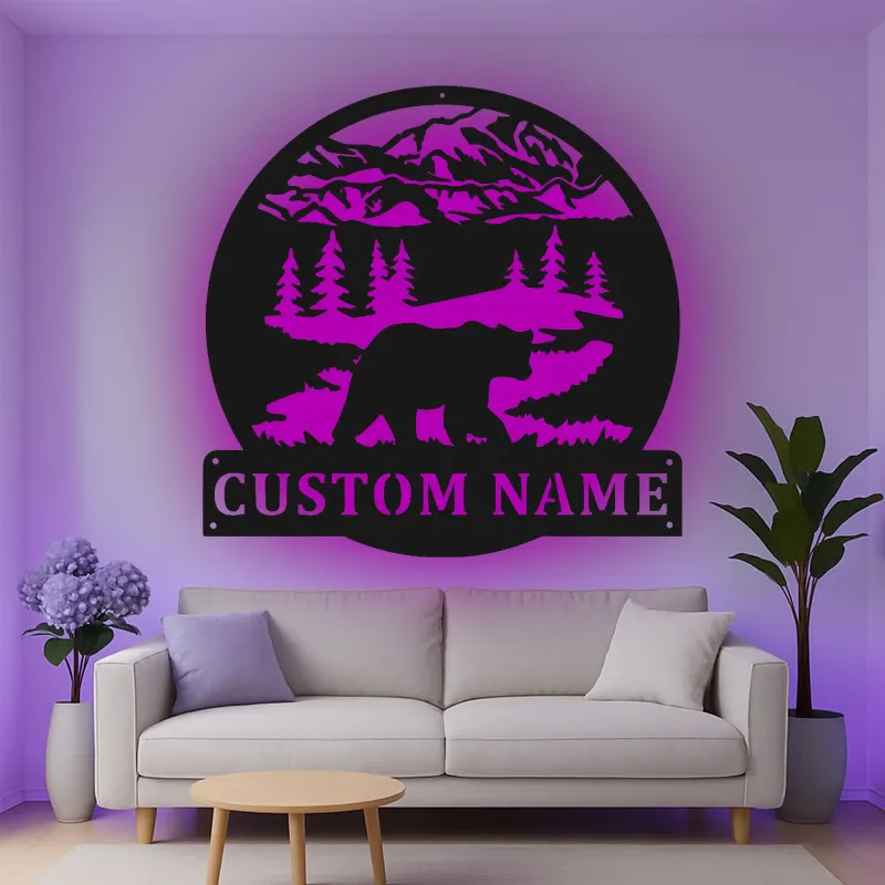 Custom Bear Mountain Scene Led Light Metal Wall Art Personalized Gift for Nature Lovers Cabin Decor