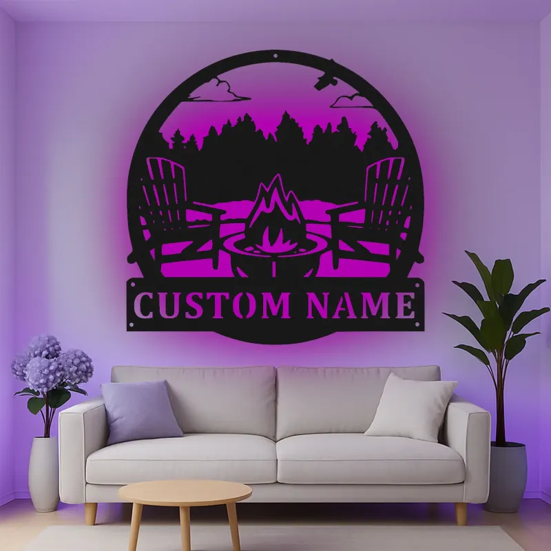 Cartel de metal personalizado con luz LED de escena de fogata para regalo al aire libre
