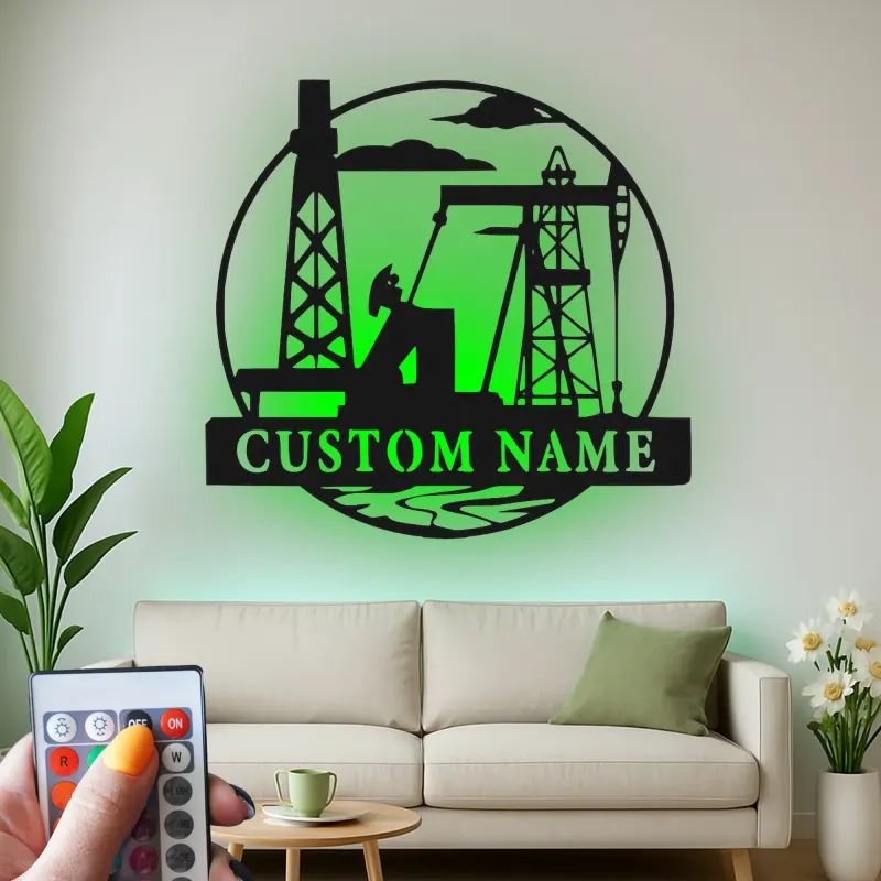 Cartel de metal personalizado de torre petrolífera | Arte mural LED industrial para oficina | Decoración personalizada con nombre de roughneck | Regalo para trabajador del sector petrolero