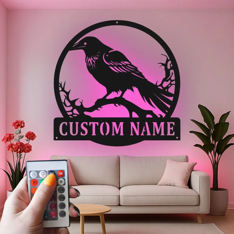 Raben Silhouette LED Schild | Individuelle Metall Wandkunst | Personalisierte Gothic Krähen Dekor für Zuhause, Garten & Halloween Geschenk