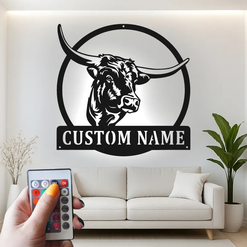 Décoration murale en métal personnalisée avec longhorn et rétroéclairage LED - Cadeau pour rancher, décoration de style western pour la maison