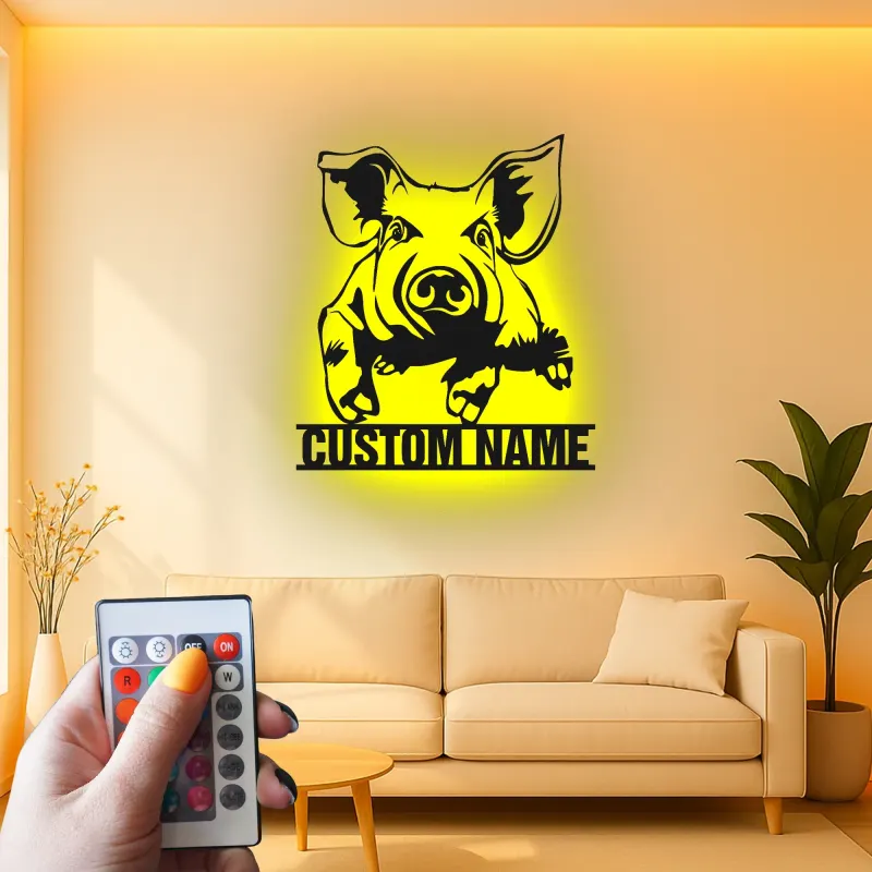 Cartel de cerdo personalizado | Arte mural de metal LED | Decoración de granja moderna | Regalo para amantes de cerdos para guardería y cocina
