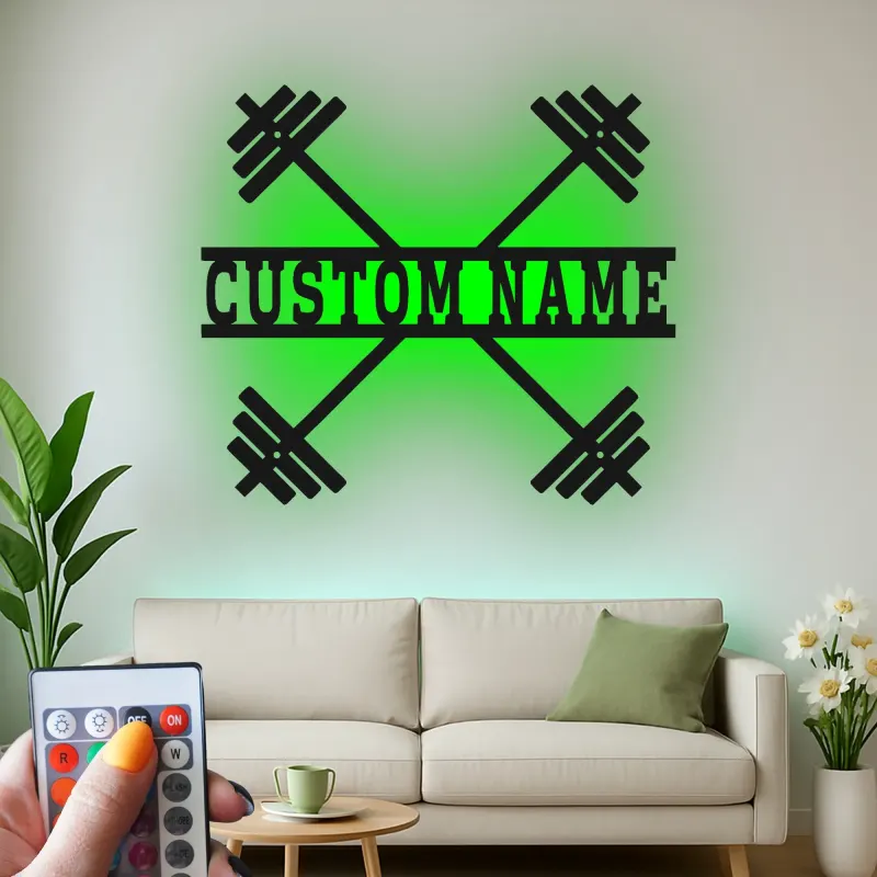 Insegna in metallo personalizzata con bilanciere e luce LED regalo per appassionati di fitness decorazione per home gym