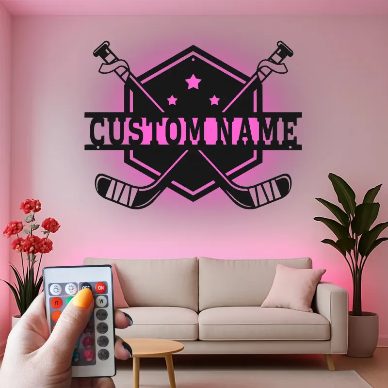 Insegna con nome per hockey personalizzata | Arte in metallo LED per parete | Regalo personalizzato per giocatore per sala giochi | Decorazione per bar sportivi e camere da letto
