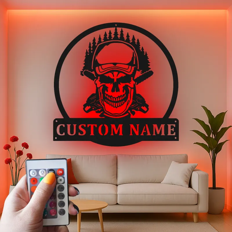 Panneau Métallique LED Crâne de Bûcheron | Art de Nom de Bûcheron Personnalisé | Décor Rustique de Forestier pour Garage ou Coin des Hommes | Cadeau pour Lui