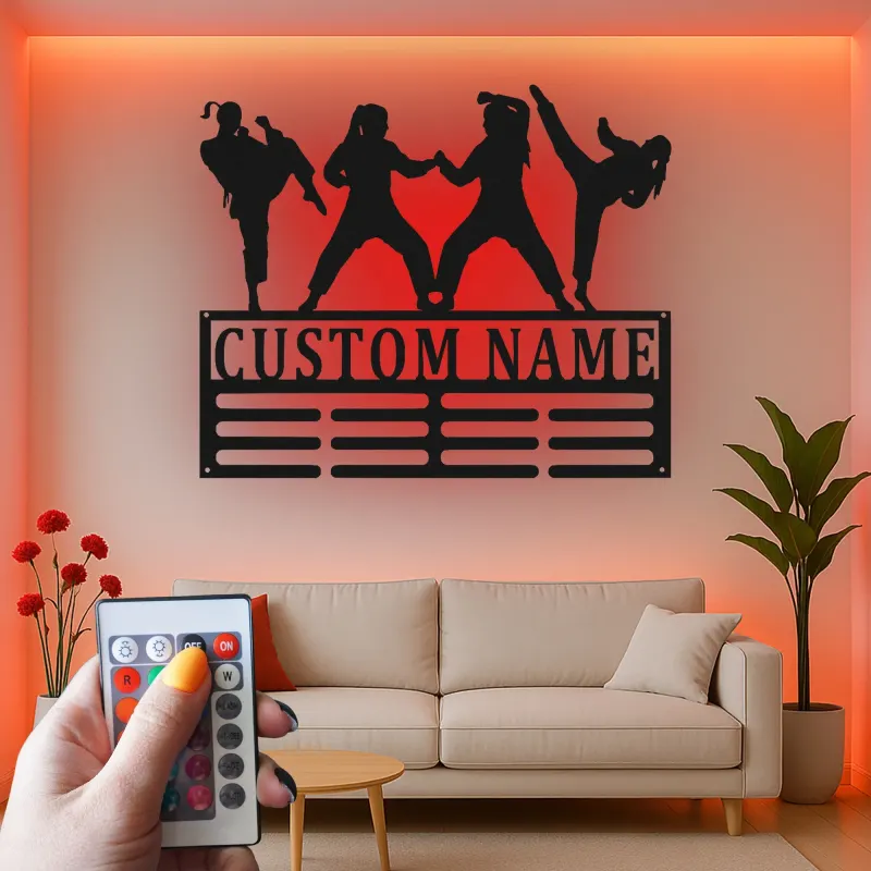 Décoration murale en métal personnalisée pour arts martiaux avec rétroéclairage LED - Cadeau pour passionnés de karaté - Décor de dojo ou de gym