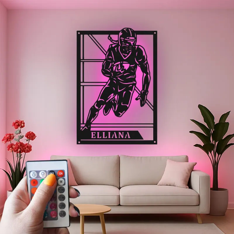 Cartel de metal personalizado de jugador de fútbol americano | Arte mural LED con nombre personalizado | Decoración para sala deportiva, regalo para deportistas