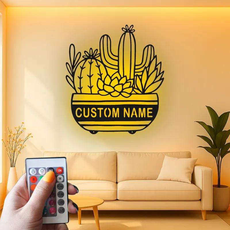 Cartel de metal personalizado con luz LED de suculenta de cactus, regalo de inauguración para decoración del salón del desierto