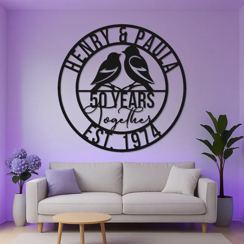 Regalo Personalizzato per il 50° Anniversario | Arte Murale in Metallo LED con Uccelli Amore | Insegna Personalizzata per Coppie per Decorazione Romantica