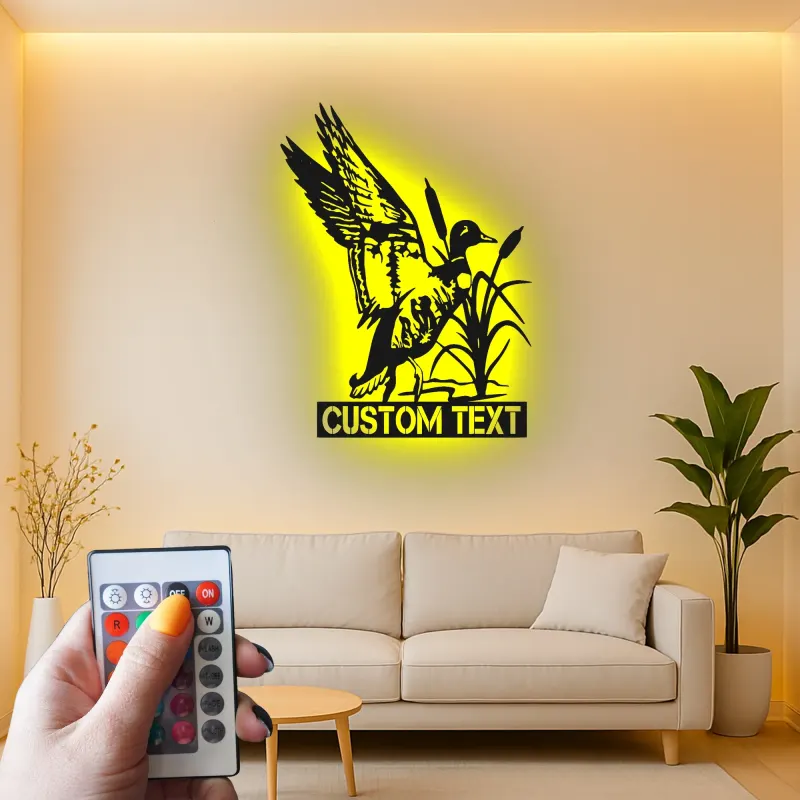 Cartel de metal personalizado con luz LED de caza de patos, regalo personalizado para entusiastas del aire libre, decoración de cabaña rústica