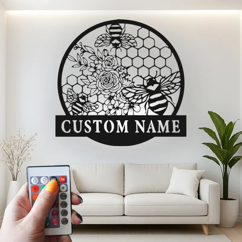 Personalisierte Bienen und Blumen LED Licht Metall-Wandkunst Geschenk für den Garten Natur-inspiriertes Wohnaccessoire