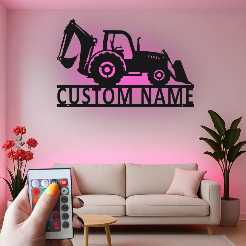 Custom Backhoe Tractor Led Light Metal Wall Art Personalized Gift for Construction Enthusiast Garage or Office Decor