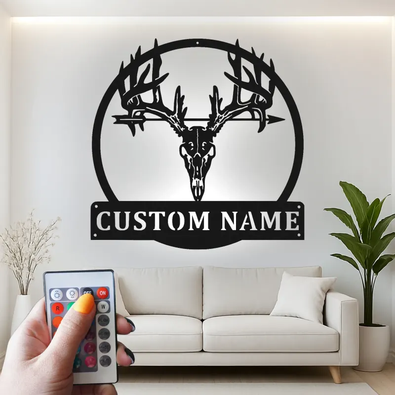 Insegna in metallo personalizzata con luce LED a forma di teschio di cervo regalo per cacciatori decorazione rustica per cabine