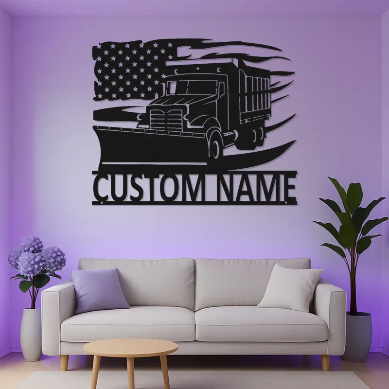 Insegna per Camion Spazzaneve Personalizzata | Arte da Parete in Metallo LED | Decorazione per Attrezzature Pesanti con Bandiera Americana | Regalo per Autista di Rimozione Neve