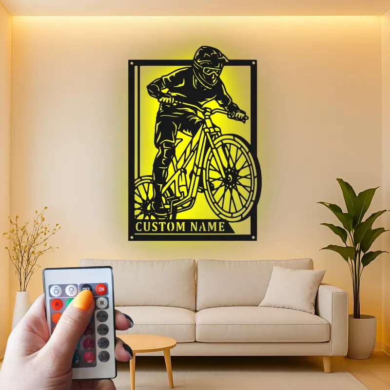 Personalized Mountain Biker LED Sign | Custom Metal Wall Art for Cyclist | Extreme Sports Decor Gift