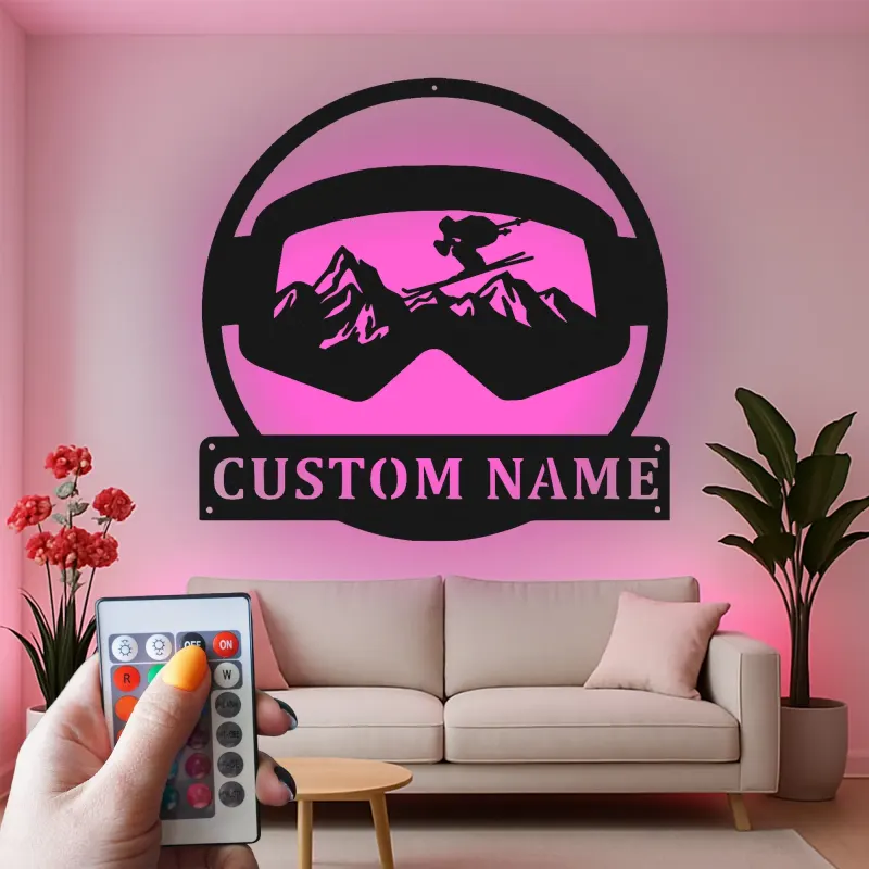 Panneau LED de ski personnalisé | Art mural en métal de skieur avec lunettes | Décor de chalet et cadeau unique pour les amateurs de ski