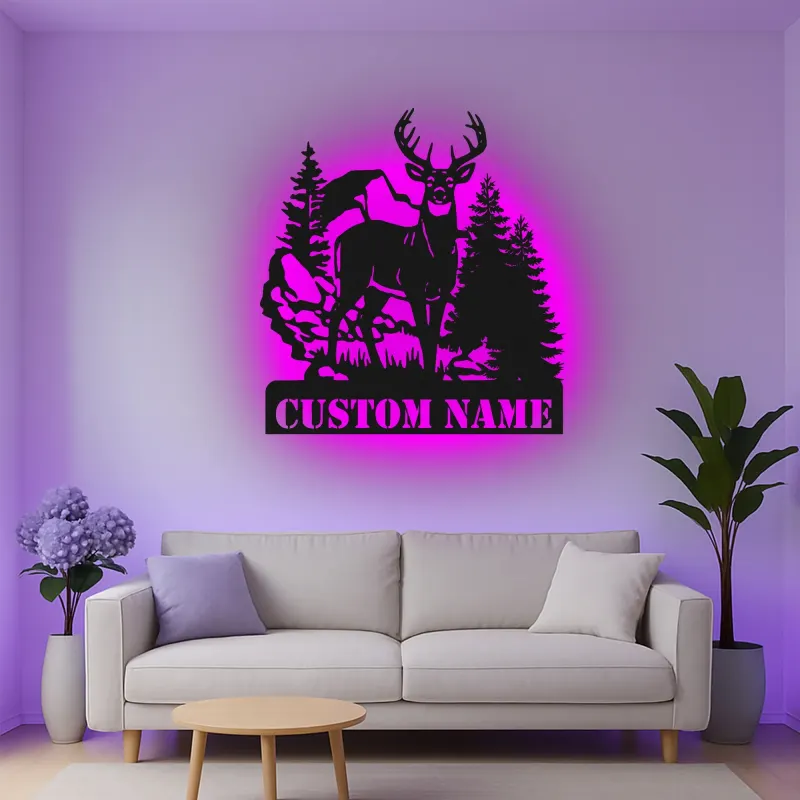 Décoration murale en métal personnalisée avec éclairage LED de forêt de cerfs - Cadeau pour les amoureux de la nature, décoration de chalet ou de pavillon 1