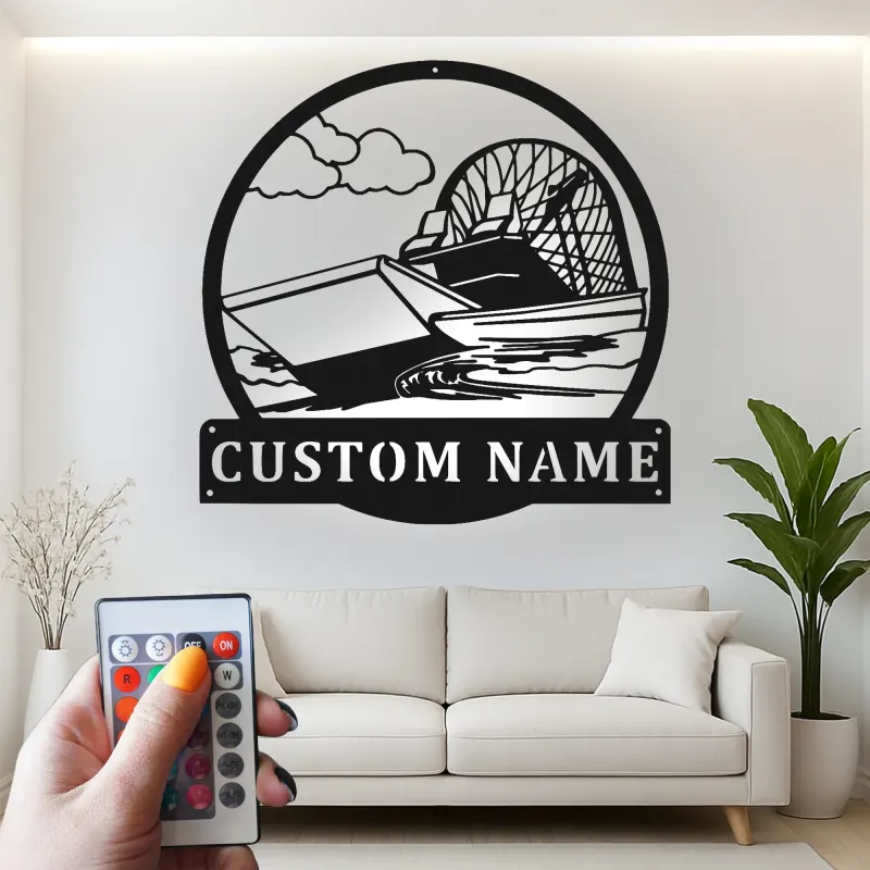 Décoration murale en métal LED personnalisée en forme d'airboat - Cadeau pour les passionnés de navigation - Décor nautique pour man cave
