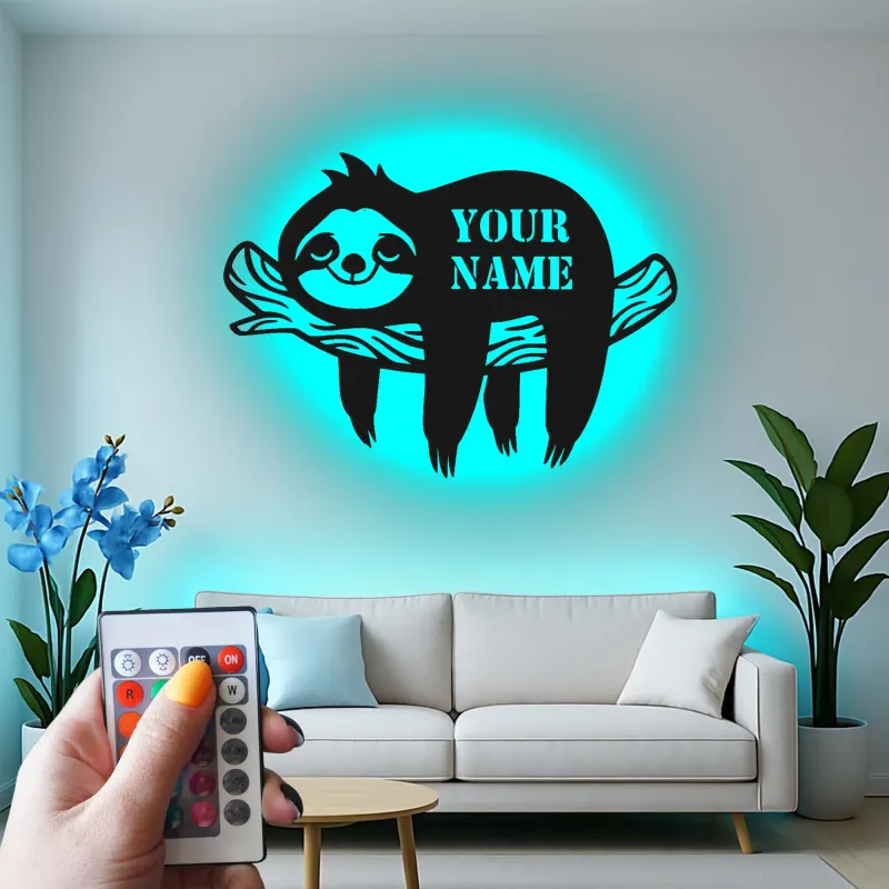 Cartel LED de nombre de perezoso personalizado | Arte mural de metal cortado con láser | Decoración personalizada para guarderías | Cartel iluminado de animal lindo para habitación infantil