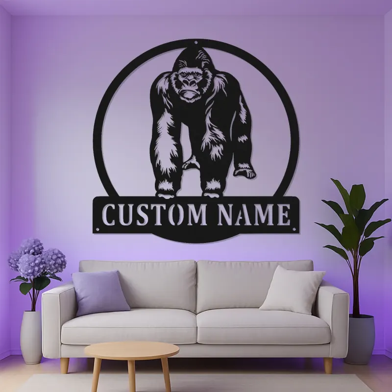 Personalisiertes Gorilla-Metallschild | Individuelles LED-Namensschild | Dschungel-Tierdekoration für Büro & Wohnakzent