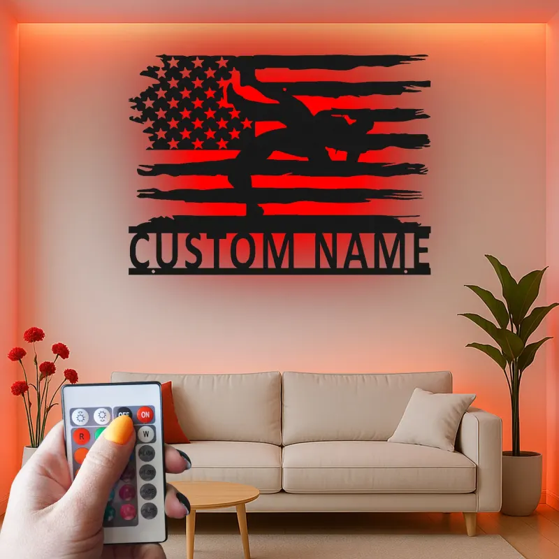 Décoration murale en métal personnalisée avec lumière LED drapeau américain pour lutteur - Cadeau sportif pour athlètes, décoration de gym ou de chambre