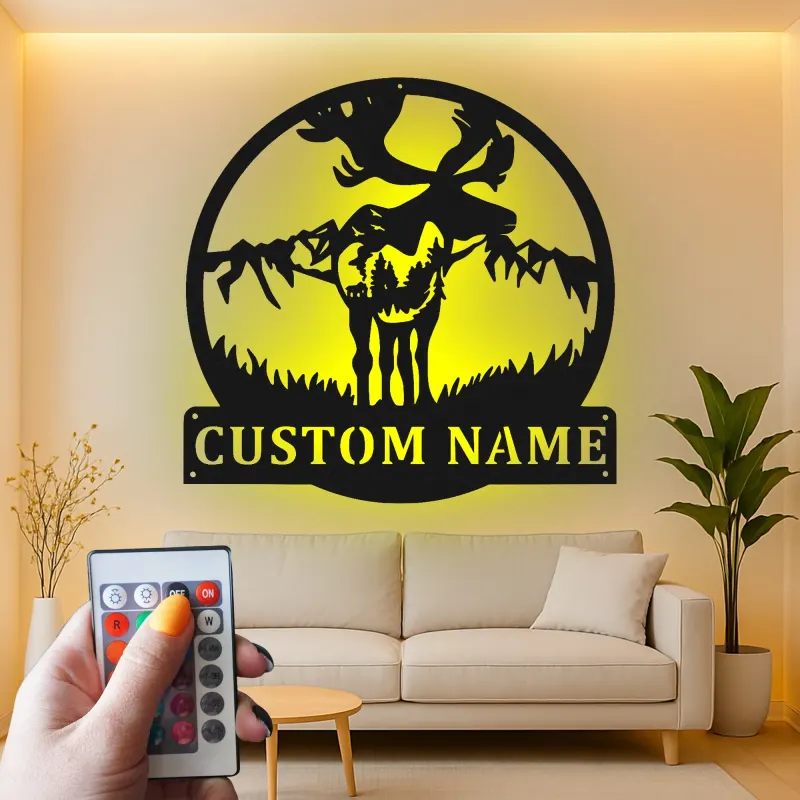 Cartel de metal personalizado de alce | Decoración mural de fauna salvaje con luces LED | Decoración rústica para cabaña y regalo para cazadores
