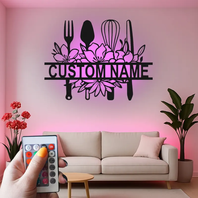 Cartel de cocina personalizado con LED | Arte mural de utensilios de metal floral personalizado | Regalo de decoración de chef para mamá | Decoración de cocina moderna de granja