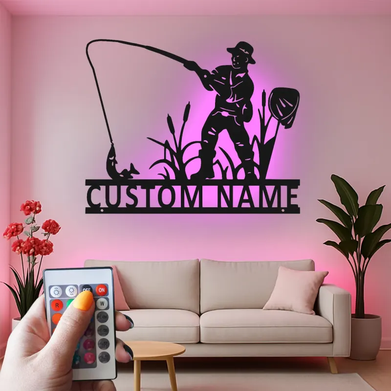Cartel de pesca personalizado con LED | Arte mural de metal con nombre personalizado | Decoración rústica de casa de campo y regalo para pescador