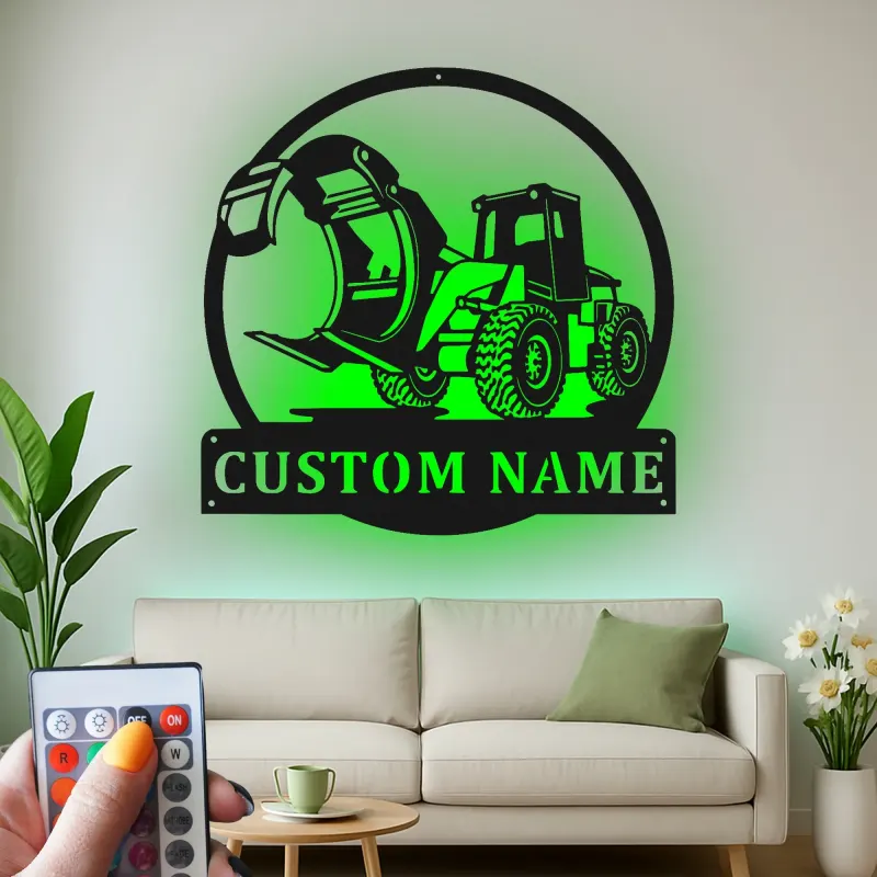 Cartel de metal con grapadora cargadora para tala | Decoración mural LED personalizada para leñador | Decoración para maquinaria pesada para sala de ocio