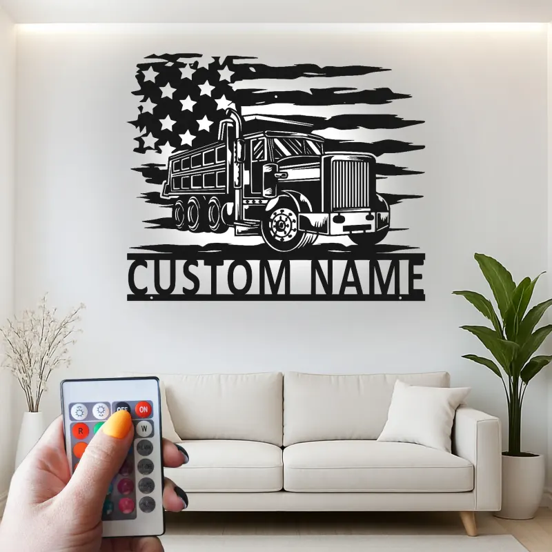Décoration murale en métal personnalisée avec rétroéclairage LED de camion benne - Cadeau pour passionnés de camions - Décor garage ou man cave