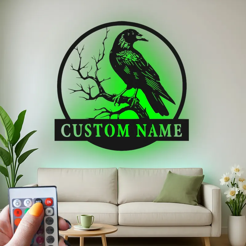 Insegna in metallo LED personalizzata con corvo - Regalo unico per amanti degli uccelli e decorazione per ufficio o soggiorno