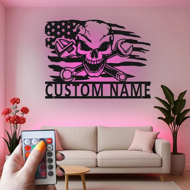 Panneau de garage mécanicien personnalisé | Art mural en métal crâne avec LED | Décor de cave à vin avec drapeau américain | Cadeau pour lui