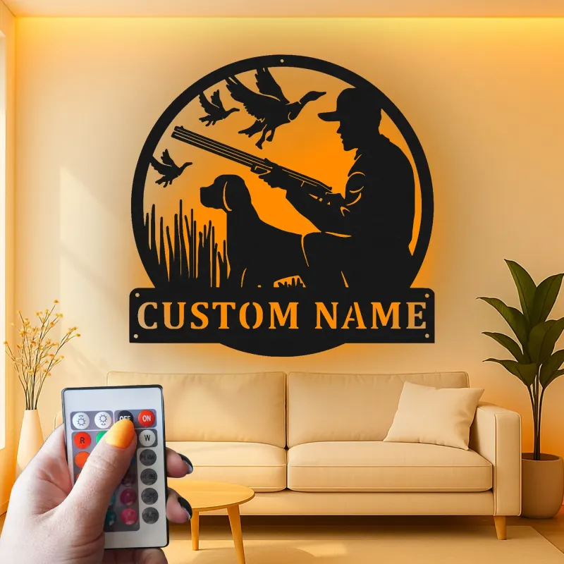 Custom Hunter and Dog Led Light Metal Wall Art Personalized Gift for Outdoor Enthusiasts Man Cave or Cabin Decor