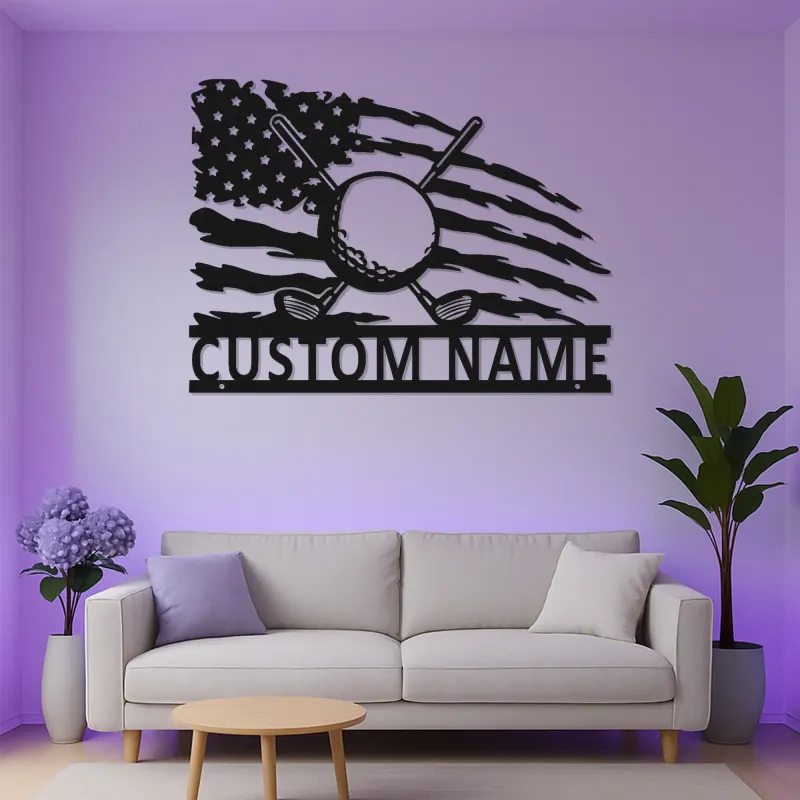 Personalized Golf Sign with LED | Custom Metal Wall Art for Man Cave | Patriotic Golfer Gift for Him | American Flag Sports Decor