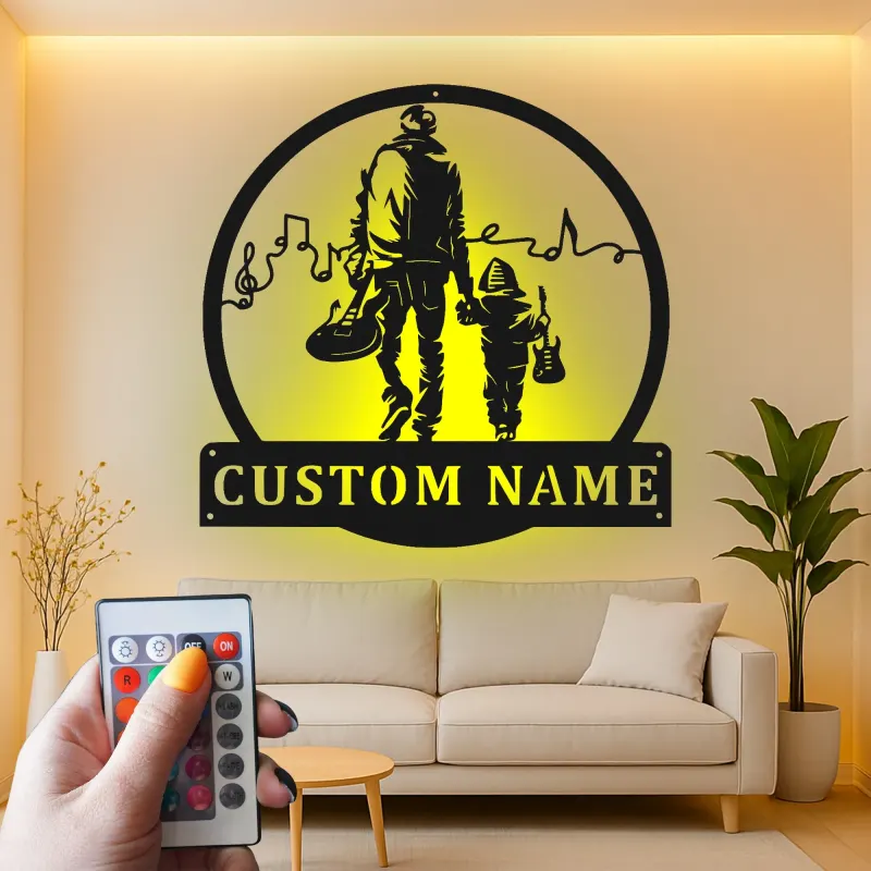 Panneau Métallique Personnalisé pour Musicien Papa et Fils | Art Mural LED de Guitare | Cadeau de Fête des Pères Personnalisé pour Amateurs de Musique