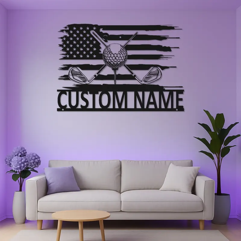 Insegna con nome da golf personalizzata | Arte da parete LED in metallo con bandiera americana | Regalo personalizzato per golfista per man cave