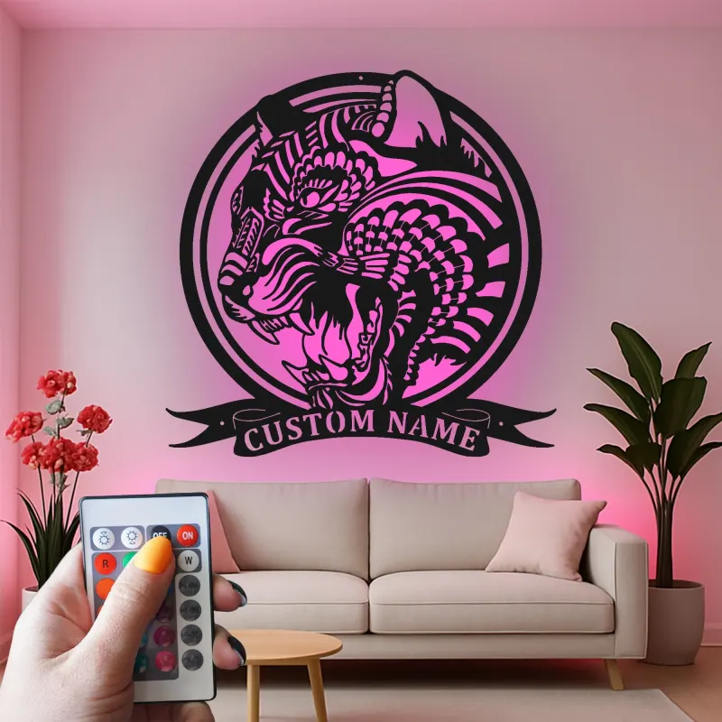 Arte in metallo LED Tigre Ruggente | Insegna personalizzata per Man Cave | Decorazione per sala giochi con nome personalizzato | Luce silhouette animale feroce