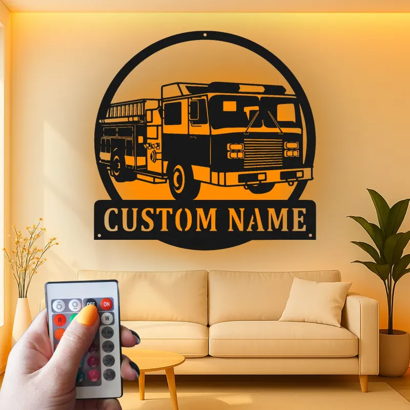 Cartel de camión de bomberos personalizado | Arte metálico LED para decoración de estación de bomberos | Regalo personalizado para bombero