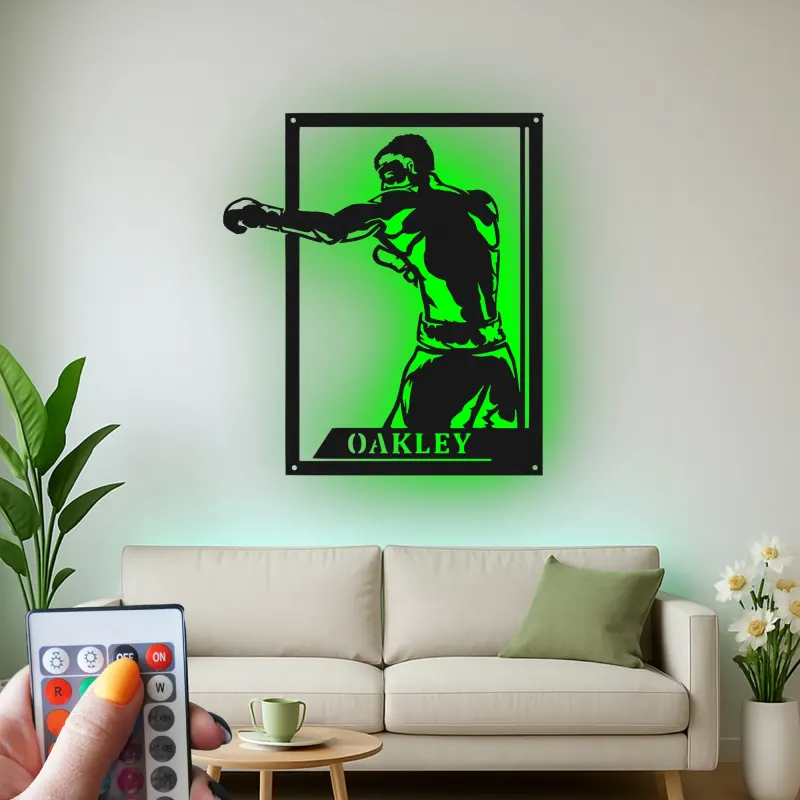 Insegna in metallo personalizzata con Boxer e luce LED regalo per appassionati di boxe decorazione per palestra o man cave 1