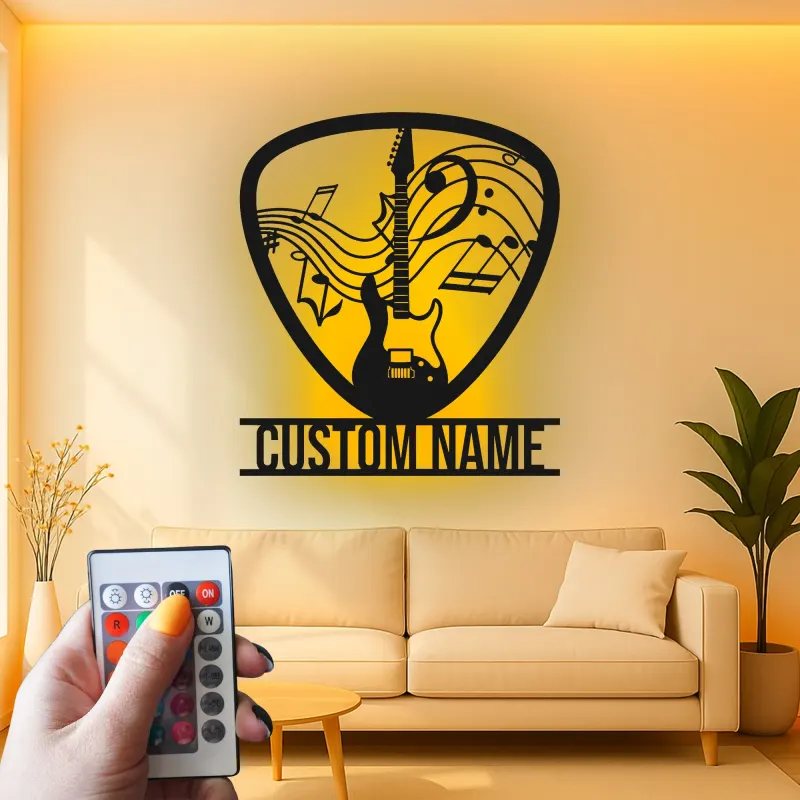 Cartel de metal personalizado de guitarra con LED | Regalo a medida para amantes de la música | Decoración mural para estudio y sala de grupo