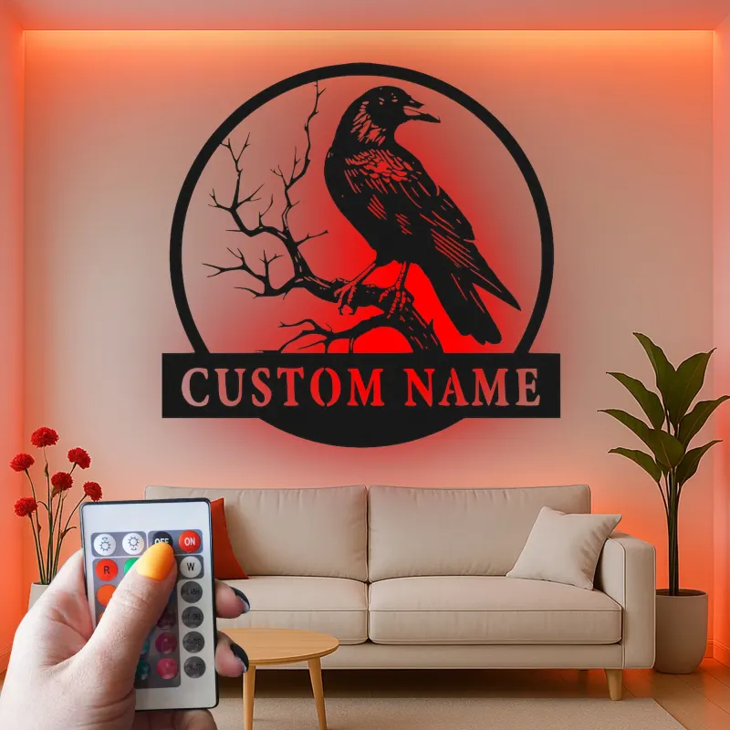 Insegna in metallo LED personalizzata con corvo - Regalo unico per amanti degli uccelli e decorazione per ufficio o soggiorno