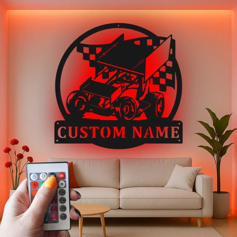 Custom Sprint Car Metal Sign | Personalized LED Race Car Wall Art | Gift for Racer Garage or Man Cave Decor