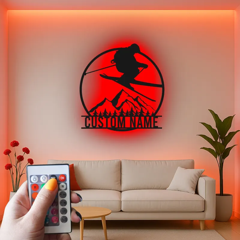 Insegna LED in metallo personalizzata per sciatore | Arte murale di montagna su misura | Arredo e regalo per baita e sci freestyle